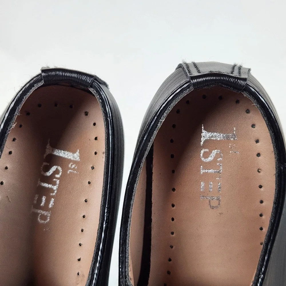 1ST STEP Playboy Handmade Oxford Slip-On Loafer Shoes Boys 10 Black‎ Silver Logo